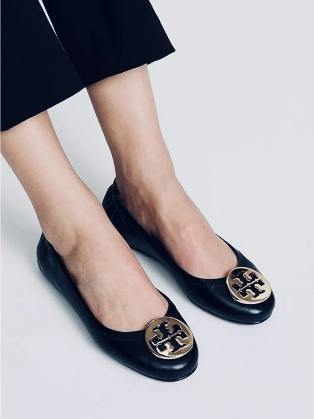 Tory Burch Minnie Ballet Flats Black Leather Silver Logo Logo Size 6